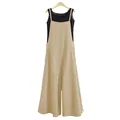 Casual summer women's wide-leg cotton jumpsuit in beige with black tank top - S / Top And Bottom / Apricot