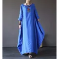 Full length shot of a bright blue bohemian maxi dress featuring loose fit design - L / Top And Bottom / Blue