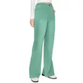 Detailed view of high-waisted green wide-leg trousers showing fabric texture and fit - Green