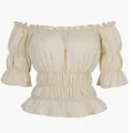 Cream-colored Renaissance off-the-shoulder blouse with smocked waist and ruffles - S / Tops / Off White