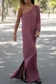 Elegant mauve one-shoulder knitted maxi dress featuring long sleeve and side slit design - S / Bottoms / Rust Red