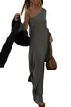 Detailed view of women's dark olive green one-shoulder loose knit casual maxi dress - 3XL / Bottoms / Gray