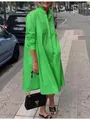 Vibrant green loose long sleeve shirt dress for casual street style. - M / Top And Bottom / Green