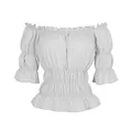 White Renaissance peasant blouse with ruffled off-shoulder design and elastic waist - S / Tops / White