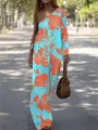 Elegant one-shoulder floral print maxi dress in vibrant light blue and orange hues. - Orange