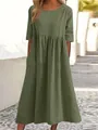 Loose olive green cotton linen maxi dress with round neck, short sleeves and pockets - Green