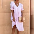 Casual light pink cotton linen V-neck midi dress for women with 3/4 sleeves - S / Dresses / Pink
