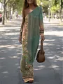 Elegant one-shoulder floral print knit maxi dress in a natural outdoor park setting - S / Bottoms / Green