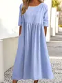 Full view of light blue round neck loose linen maxi dress for summer casual wear - 4XL / Light Blue
