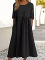 Elegant loose-fitting black cotton linen maxi dress with round neck and pockets for women - 4XL / Black