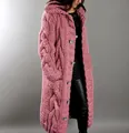 Full-length women's hooded chunky cable knit cardigan sweater in vibrant melon red color - S / Pink