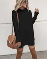 Cozy black long sleeve mock neck knit sweater dress styled with tall brown boots - S / Tops / Black