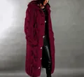 Close-up detail of oversized long cable-knit hooded cardigan in deep rose red for women - S / Rose Red