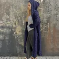 Side view detail of a navy blue cable knit hooded long cardigan sweater with pockets - 3XL / Tops / Dark Blue