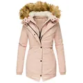 Close-up view of a pink winter parka featuring a soft faux fur hood and warm fleece lining - S / Tops / Pink