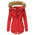 Red women's winter parka coat with faux fur hood and slim fit design - S / Tops / Red