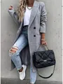 Elegant grey wool-blend long blazer coat for women, perfect for stylish autumn layering - S / Tops / Grey