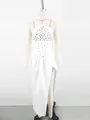 Full view of elegant white strapless evening gown with rhinestone bodice on mannequin - XS / Top And Bottom / White