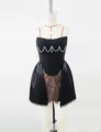 Detailed view of an elegant black corset dress with pearl trim and brown lace on mannequin. - S / Top And Bottom / Black