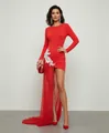 Elegant red long sleeve bandage evening dress with white floral applique and sheer train - S / Tops / Red