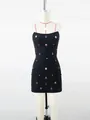 Black bandage mini dress featuring exquisite multi-colored teardrop rhinestone detailing - S / Black