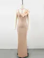 Elegant champagne one-shoulder bandage evening dress with floral shoulder decoration detail - S / Top And Bottom / Apricot