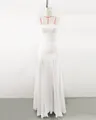 Full view of white mesh floor-length dress with dual high slits on a dress form - XS / Top And Bottom / White