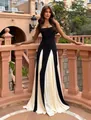 Elegant French style strapless color block maxi dress for formal banquets. - S / Top And Bottom / Black & White