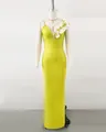 Elegant lime green bandage evening dress with white floral shoulder detail on mannequin - S / Top And Bottom / Green
