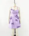 Detail view of the lavender corset mini dress with 3D floral appliqués and structured fit. - S / Violet