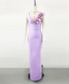 Elegant lavender bandage dress with deep V-neck and 3D floral one-shoulder detail. - Purple