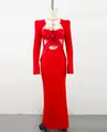 Elegant red evening gown with 3D flower, feather details and waist cutouts - S / Red