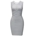 Elegant grey-blue sleeveless bodycon bandage dress with mesh patchwork design detail - S / Top And Bottom / Slate Gray