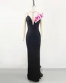 Elegant black bandage evening dress featuring floral one-shoulder detail and deep V-neckline. - S / Top And Bottom / Black