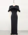 Elegante vestido de noche negro con capa de plumas de avestruz y brillantes strass - S / Top Y Pantalón / Negro