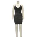 Close-up of black ruched mesh bandage dress with deep V-neck and slim fit - S / Top And Bottom / Black
