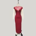 Close-up detail of an elegant burgundy high waist mesh patchwork pencil bandage dress - S / Top And Bottom / Burgundy