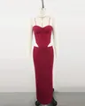 Front view of a wine red corset bandage dress on a mannequin with fishbone detail - S / Top And Bottom / Burgundy