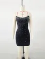 Elegant black bandage mini dress with sparkly rhinestone embellishments on mannequin - S / Top And Bottom / Black