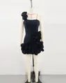 Full view of elegant black one-shoulder mini dress featuring large 3D floral rose accents - S / Top And Bottom / Black