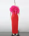 Elegant red bandage evening dress with large pink flower chest decoration - S / Red And Magenta