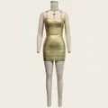 Detailed front view of a sexy gold metallic bandage mini dress displayed on a mannequin - S / Top And Bottom / Gold