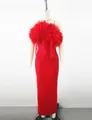 Elegant red bodycon bandage evening dress with 3D floral accents and hanging fringe detail - S / Red
