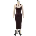 Full front view of a wine red halter sweetheart bandage midi dress on a mannequin - XS / Top And Bottom / Coffee