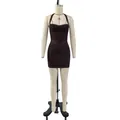Professional front view of a dark brown halter neck bandage mini dress displayed on a mannequin - S / Top And Bottom / Brown