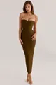 Full view of olive green glitter strapless bandage gown with sweetheart neckline and long hem. - S / Tops / Sparkly Olive Green