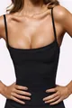 Elegant black ribbed bodycon bodysuit top featuring a square neck and spaghetti straps - XS / Tops / Black
