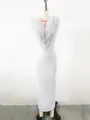 Front detail view of an elegant grey bandage dress featuring a ruffled tulle neckline - XS / Top And Bottom / Gray