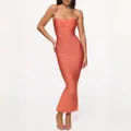 Elegant strapless sweetheart neck bodycon bandage maxi dress in coral for evening party. - S / Tops / Orange