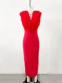 Detail view of an elegant red bandage maxi dress with a ruffled V-neck tulle collar. - XS / Top And Bottom / Red